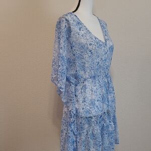Swim Suit Cover up Blue Floral V-Neck Dress